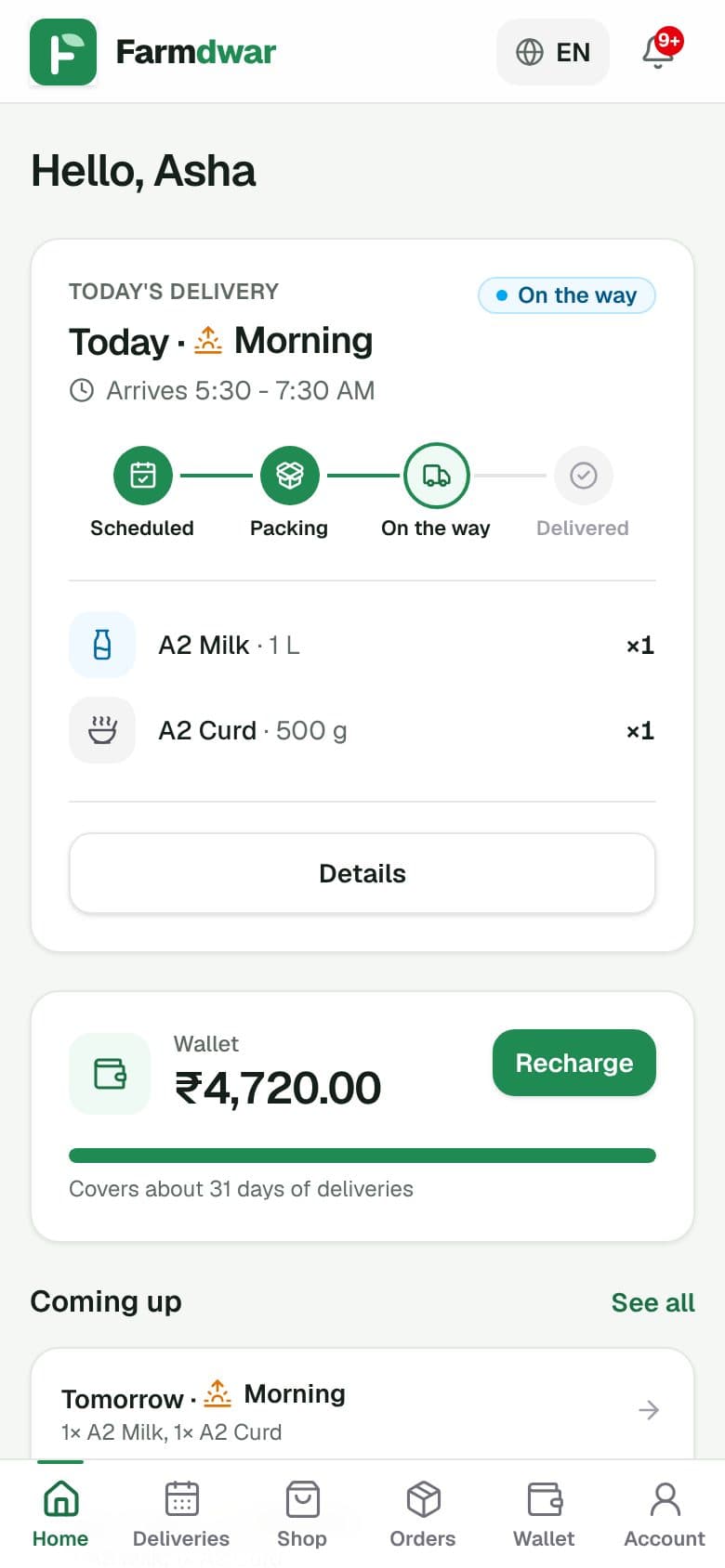 The customer app home screen with the next delivery