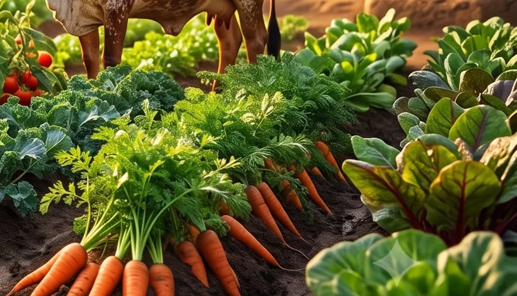 Fresh carrots and leafy greens in the soil