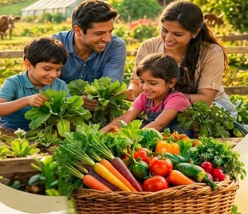 A family with a basket of fresh vegetables