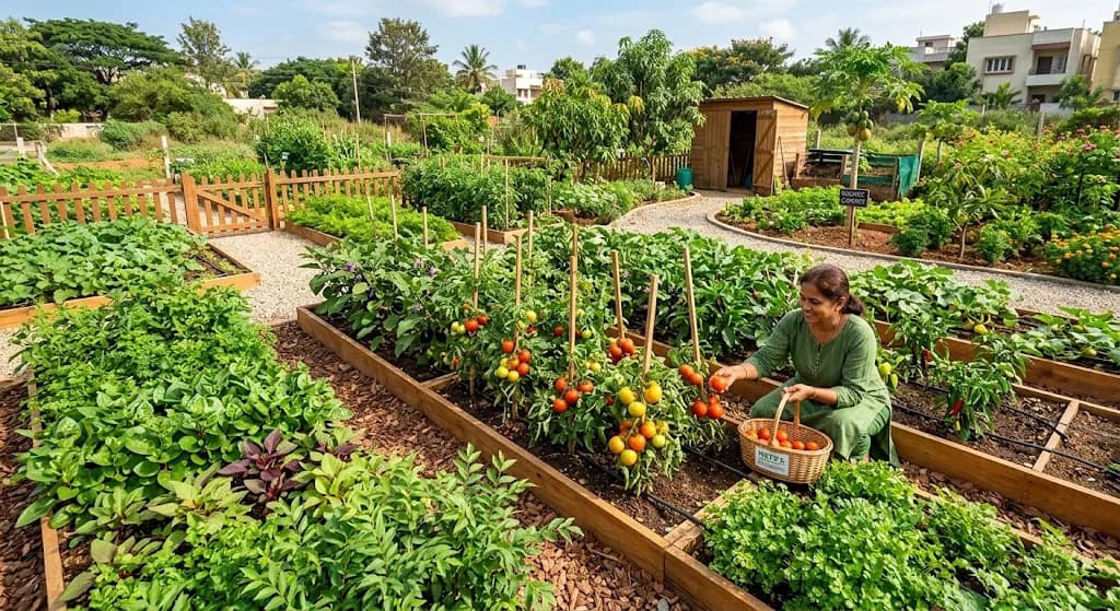 A woman picking tomatoes in raised vegetable beds