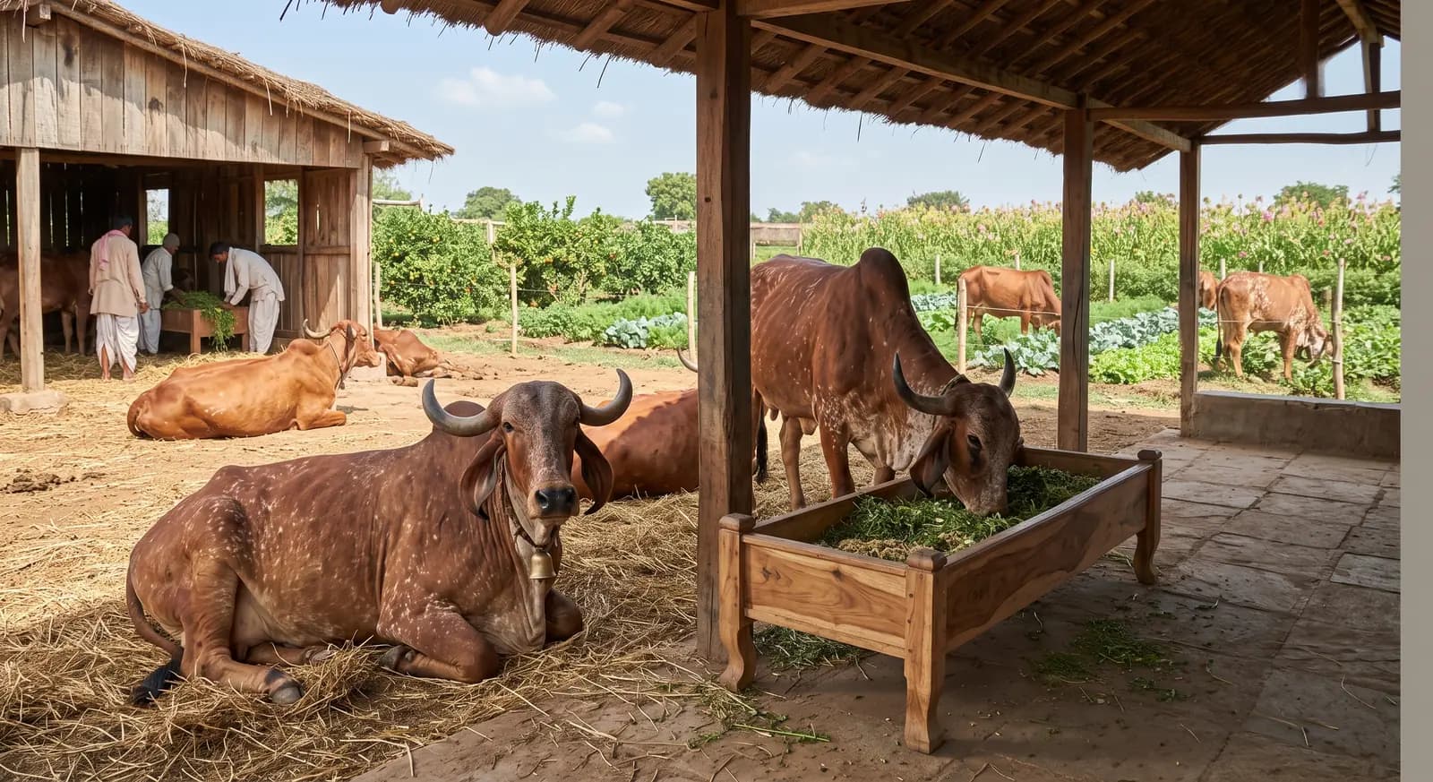 Gir cows resting and eating under a thatched shed at Aharay Gir Cow Goshala