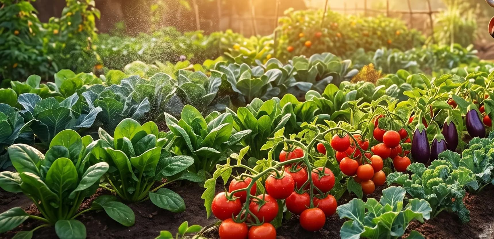 Rows of tomatoes, brinjal, carrots and leafy greens growing in a kitchen garden
