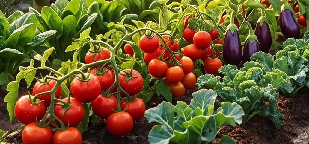 Ripe tomatoes and brinjals growing on the plants